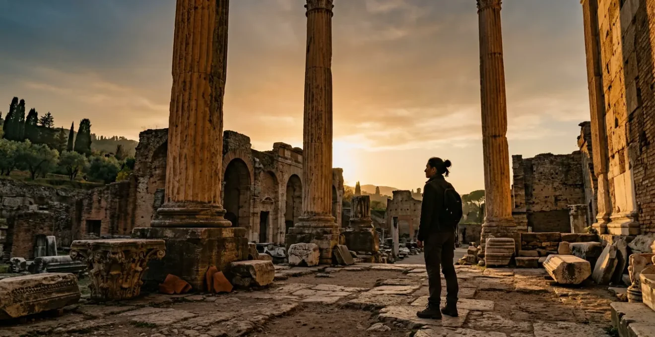 Visitatore contempla antiche colonne romane in un sito archeologico italiano illuminato dalla luce dorata del tramonto