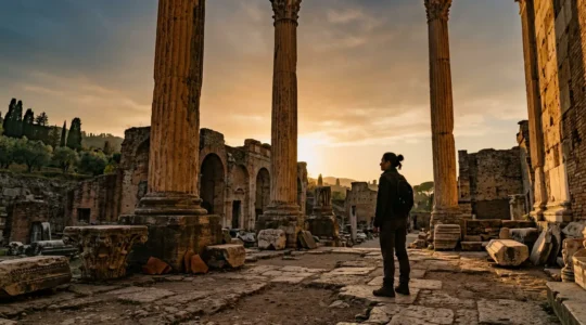 Visitatore contempla antiche colonne romane in un sito archeologico italiano illuminato dalla luce dorata del tramonto