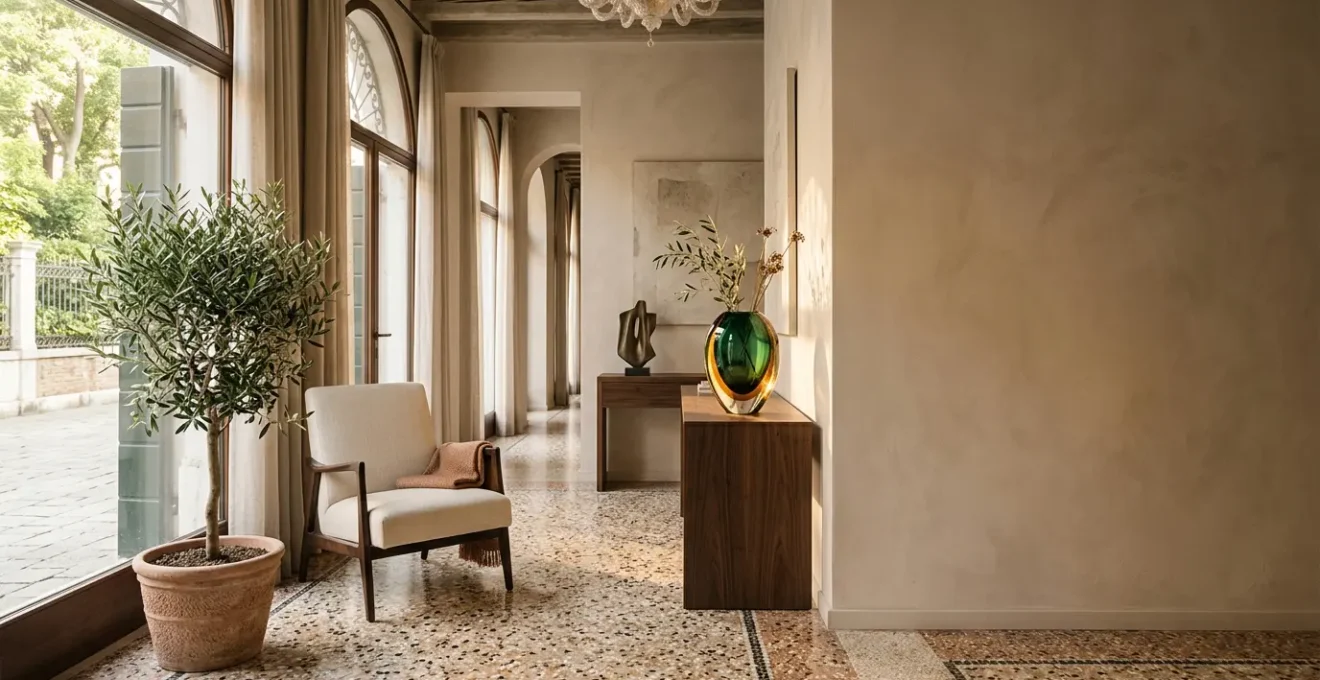 Elegante lobby di boutique hotel italiano con design raffinato e atmosfera intima