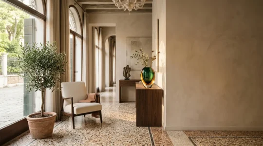 Elegante lobby di boutique hotel italiano con design raffinato e atmosfera intima