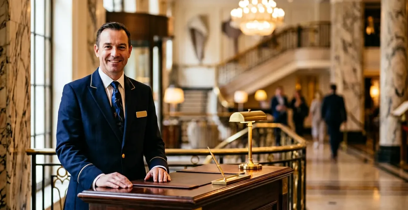 Concierge professionale di hotel di lusso con chiavi dorate incrociate sul bavero della divisa