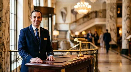 Concierge professionale di hotel di lusso con chiavi dorate incrociate sul bavero della divisa