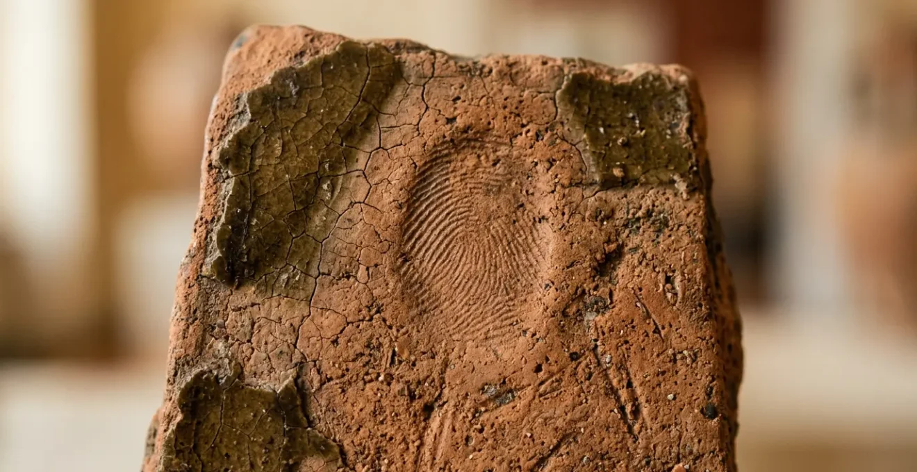 Dettagli di manufatti archeologici italiani esposti in vetrina museale con illuminazione naturale