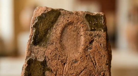 Dettagli di manufatti archeologici italiani esposti in vetrina museale con illuminazione naturale
