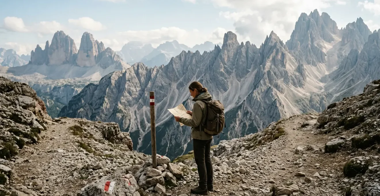 Escursionista consulta mappa su sentiero di montagna italiano con panorama dolomitico