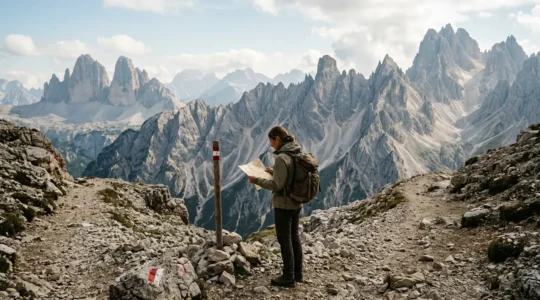 Escursionista consulta mappa su sentiero di montagna italiano con panorama dolomitico