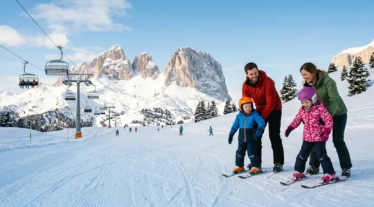 Famiglia con bambini principianti sulla neve in un comprensorio sciistico italiano durante una giornata di sole