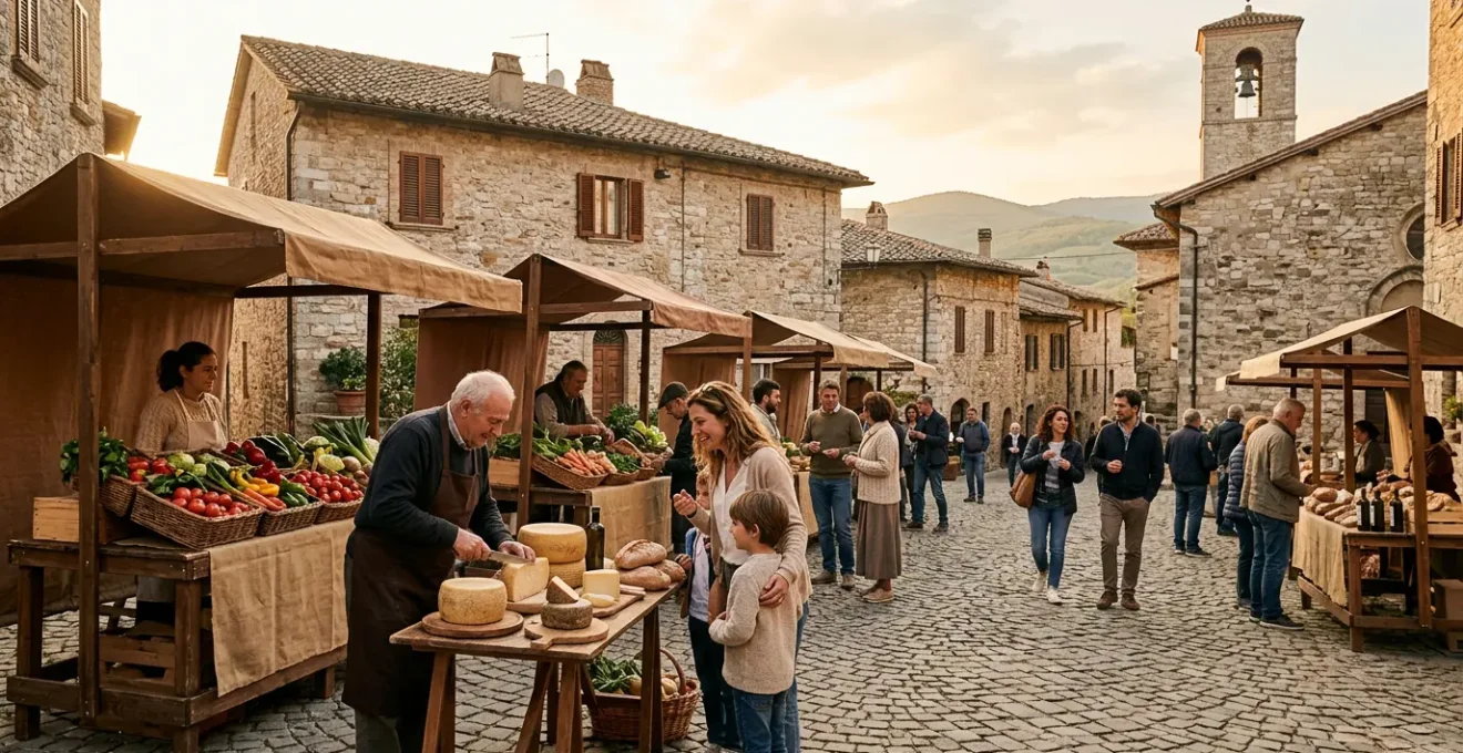 Festival enogastronomico tradizionale in un borgo storico italiano con produttori artigianali