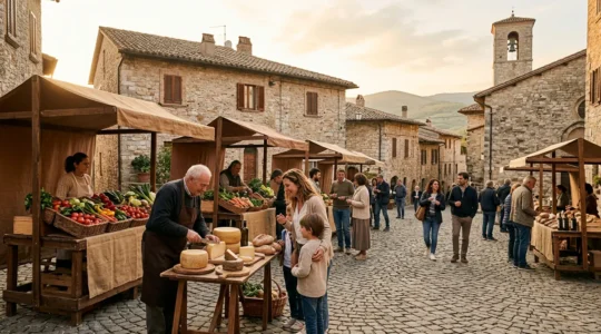 Festival enogastronomico tradizionale in un borgo storico italiano con produttori artigianali