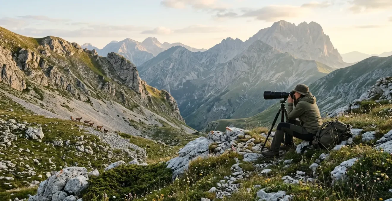 Fotografo naturalista con teleobiettivo osserva rispettosamente la fauna selvatica italiana in ambiente naturale