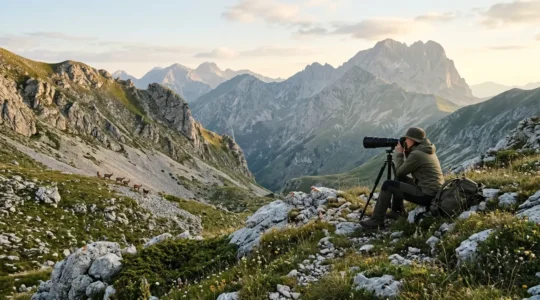 Fotografo naturalista con teleobiettivo osserva rispettosamente la fauna selvatica italiana in ambiente naturale