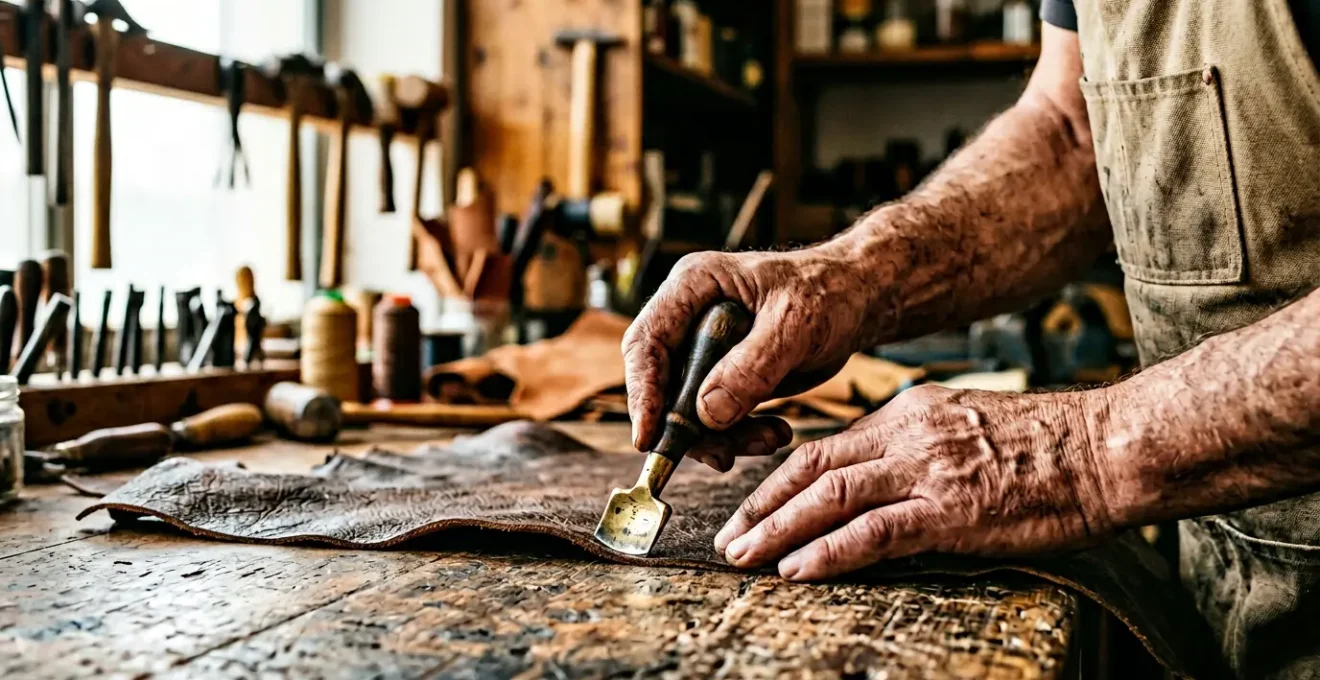 Dettaglio delle mani di un artigiano italiano al lavoro con strumenti tradizionali e materiali autentici