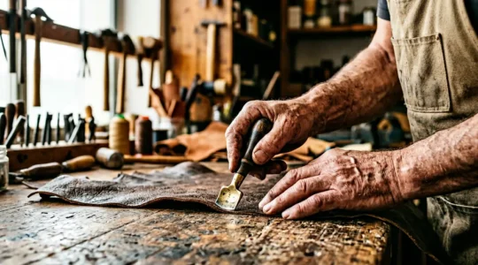Dettaglio delle mani di un artigiano italiano al lavoro con strumenti tradizionali e materiali autentici