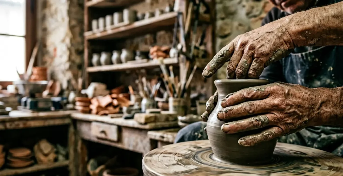 Mani di artigiano che modellano argilla su tornio in autentica bottega italiana con luce naturale