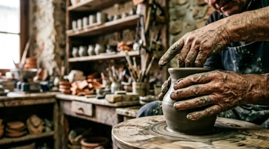 Mani di artigiano che modellano argilla su tornio in autentica bottega italiana con luce naturale