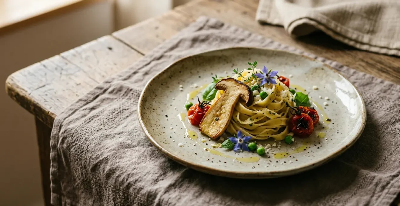 Piatto gourmet italiano che racconta il territorio con ingredienti locali e presentazione elegante