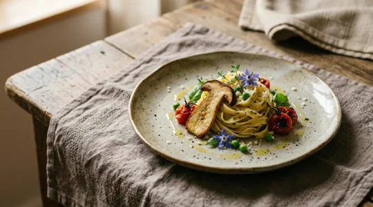 Piatto gourmet italiano che racconta il territorio con ingredienti locali e presentazione elegante