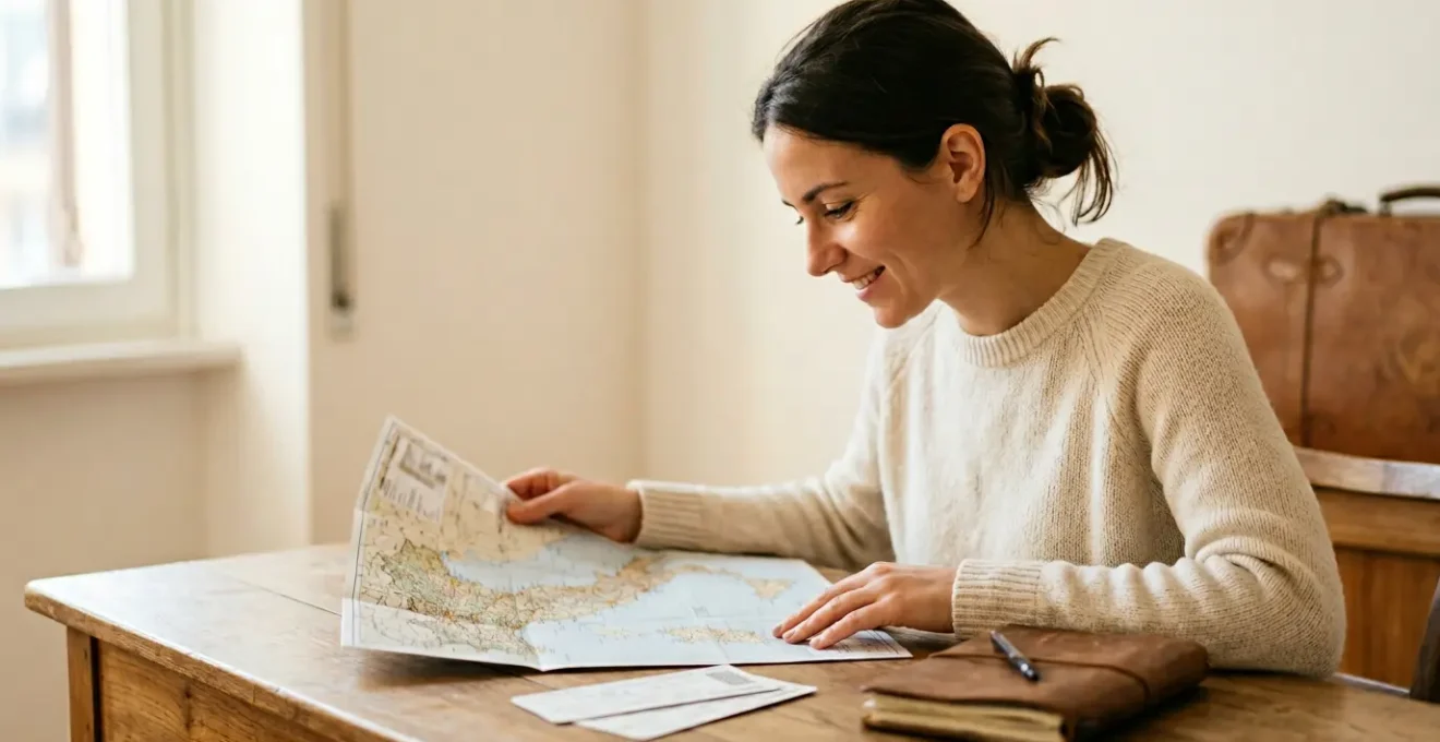 Viaggiatore sereno che pianifica un viaggio in Italia con mappa e biglietti del treno