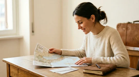 Viaggiatore sereno che pianifica un viaggio in Italia con mappa e biglietti del treno