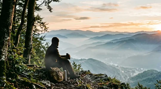 Osservatore con binocolo in attesa immobile nel bosco appenninico all'alba per l'avvistamento fauna selvatica
