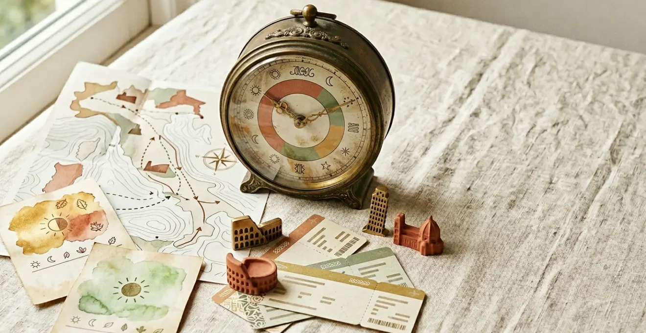 Scena evocativa di pianificazione di viaggio in Italia con elementi simbolici di timing e risparmio