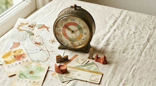 Scena evocativa di pianificazione di viaggio in Italia con elementi simbolici di timing e risparmio