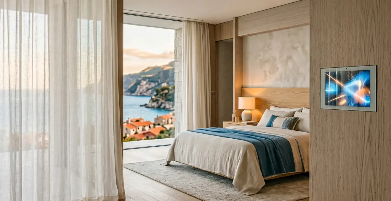 Interno elegante di suite resort moderno con sistema di controllo domotico integrato e design minimalista italiano