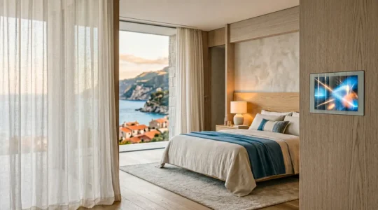 Interno elegante di suite resort moderno con sistema di controllo domotico integrato e design minimalista italiano