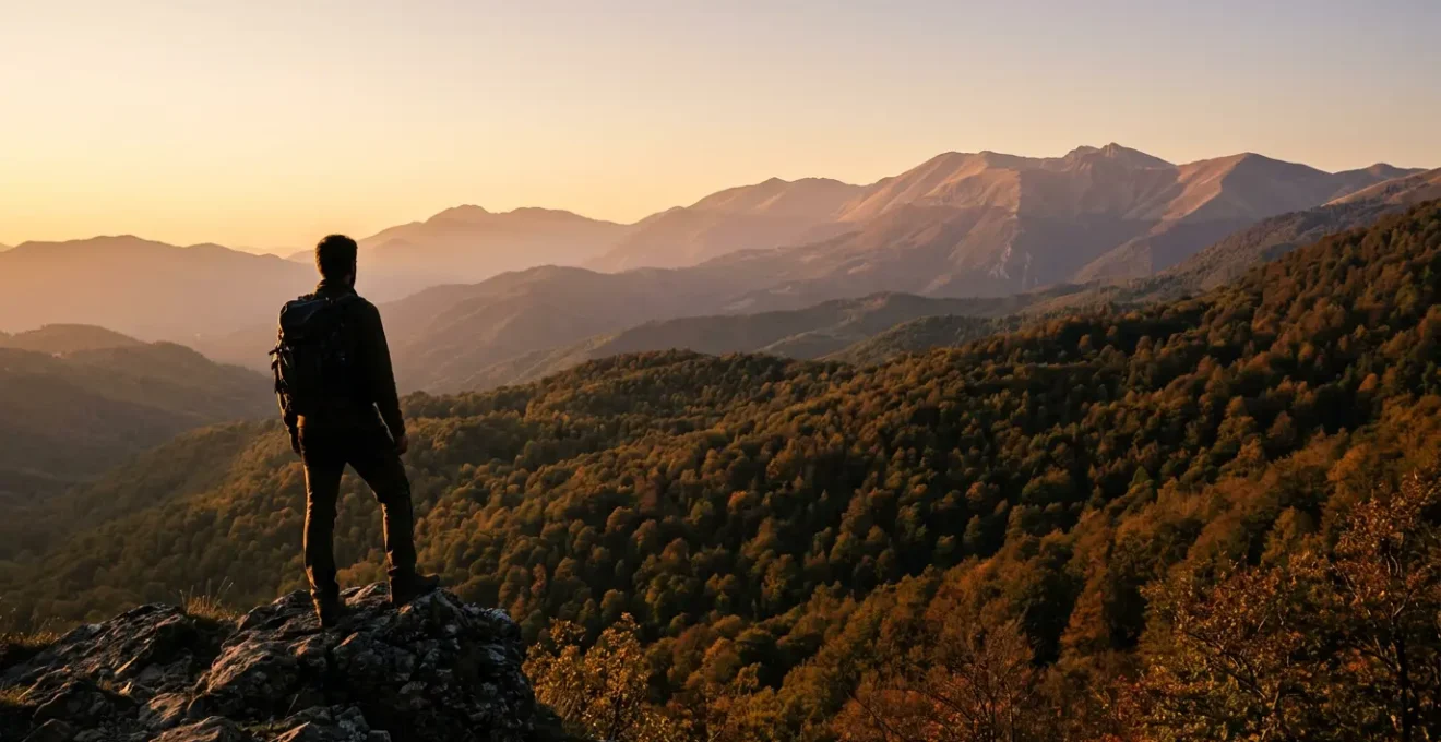 Escursionista che osserva il panorama montano di un parco nazionale italiano al tramonto, con vallate boscose e vette appenniniche sullo sfondo