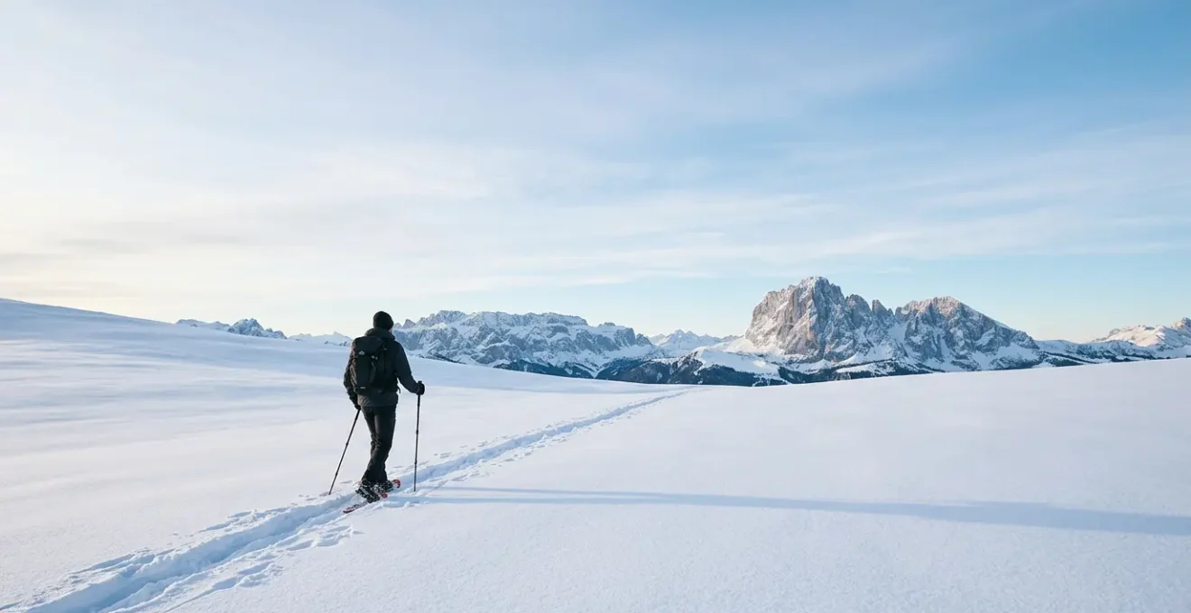 Escursionisti con ciaspole in paesaggio montano innevato italiano con vista sulle Alpi