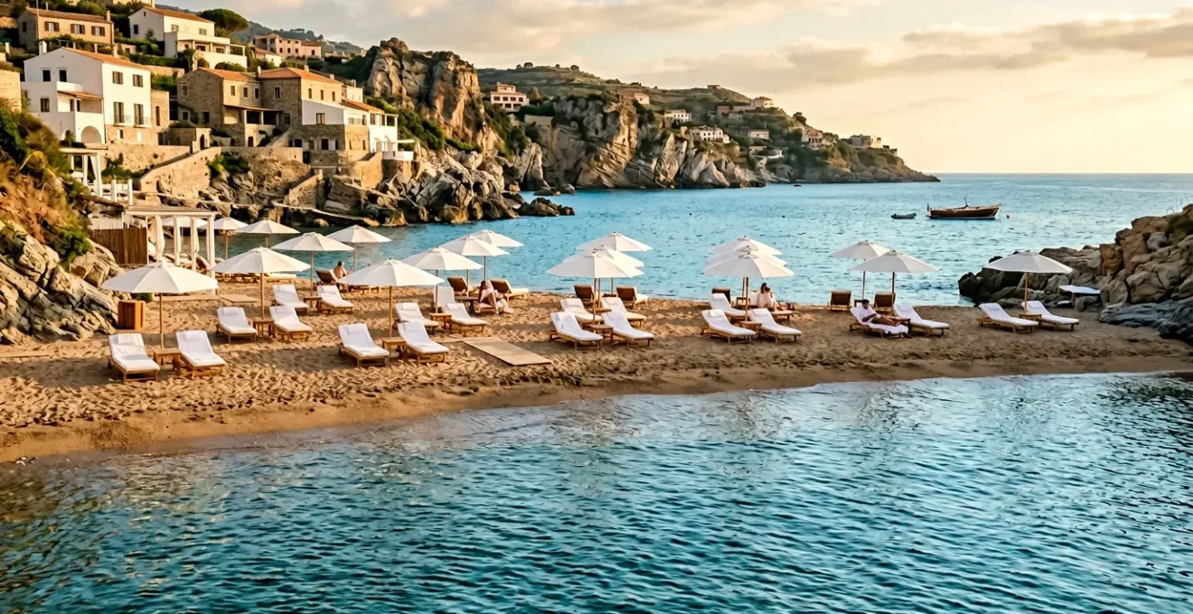 Vista panoramica di stabilimento balneare premium italiano con lettini eleganti e mare cristallino
