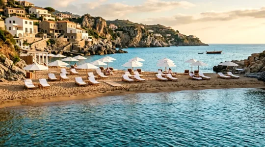 Vista panoramica di stabilimento balneare premium italiano con lettini eleganti e mare cristallino