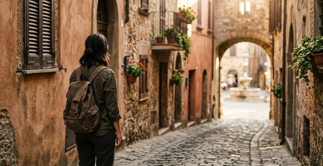 Viaggiatore che esplora un borgo italiano immerso nella cultura locale