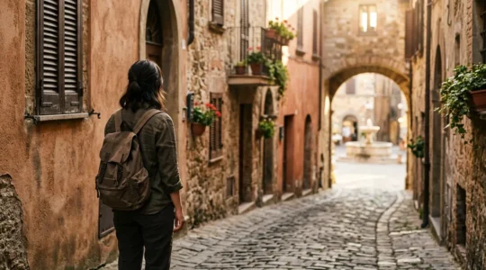 Viaggiatore che esplora un borgo italiano immerso nella cultura locale