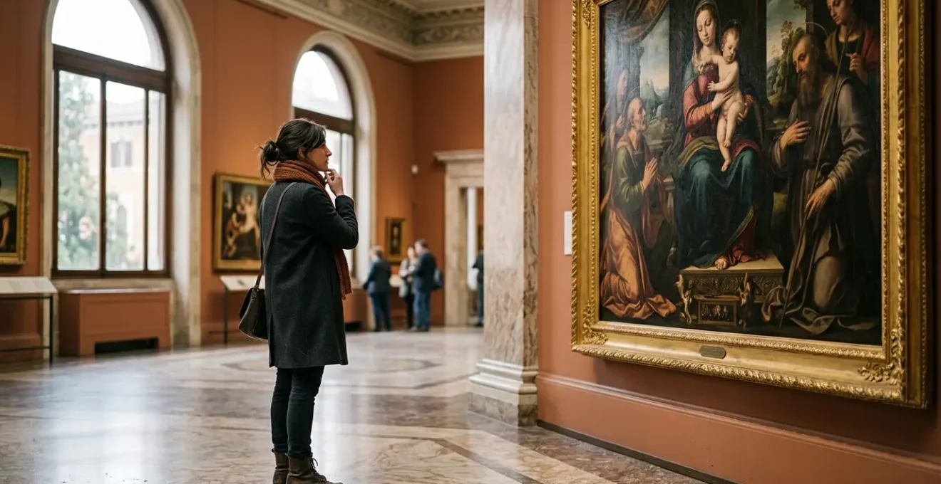 Visitatore che osserva attentamente un dipinto rinascimentale in una galleria d'arte italiana