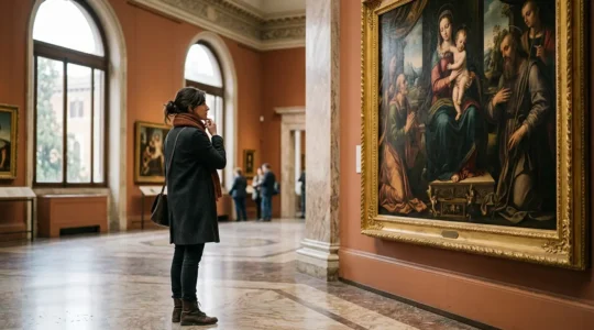 Visitatore che osserva attentamente un dipinto rinascimentale in una galleria d'arte italiana