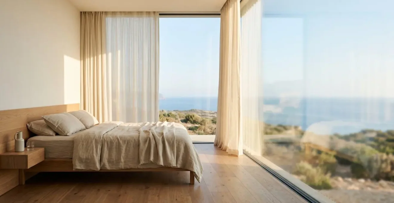 Camera resort moderna con ampia vetrata e spazio negativo che trasmette tranquillità e controllo ambientale