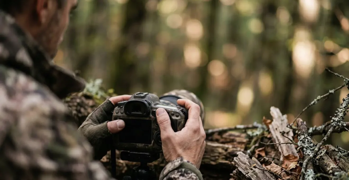 Tecnica di appostamento fotografico discreto in bosco italiano per osservazione fauna selvatica