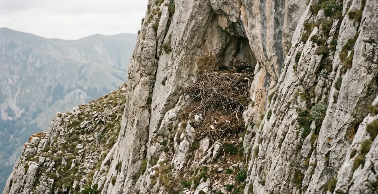 Aquila reale sul nido in parete rocciosa degli Appennini durante periodo riproduttivo critico