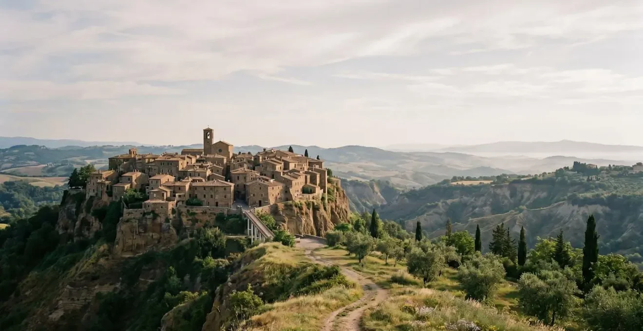Vista panoramica di un borgo storico italiano immerso nelle colline con paesaggio naturale