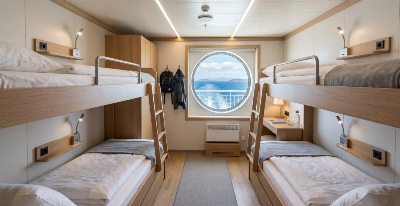 Interno luminoso di una cabina famiglia su traghetto moderno con due letti a castello in legno chiaro, oblò con vista mare, ambiente pulito e accogliente con design contemporaneo Interno luminoso di una cabina famiglia su traghetto moderno con due letti a castello in legno chiaro, oblò con vista mare, ambiente pulito e accogliente con design contemporaneo