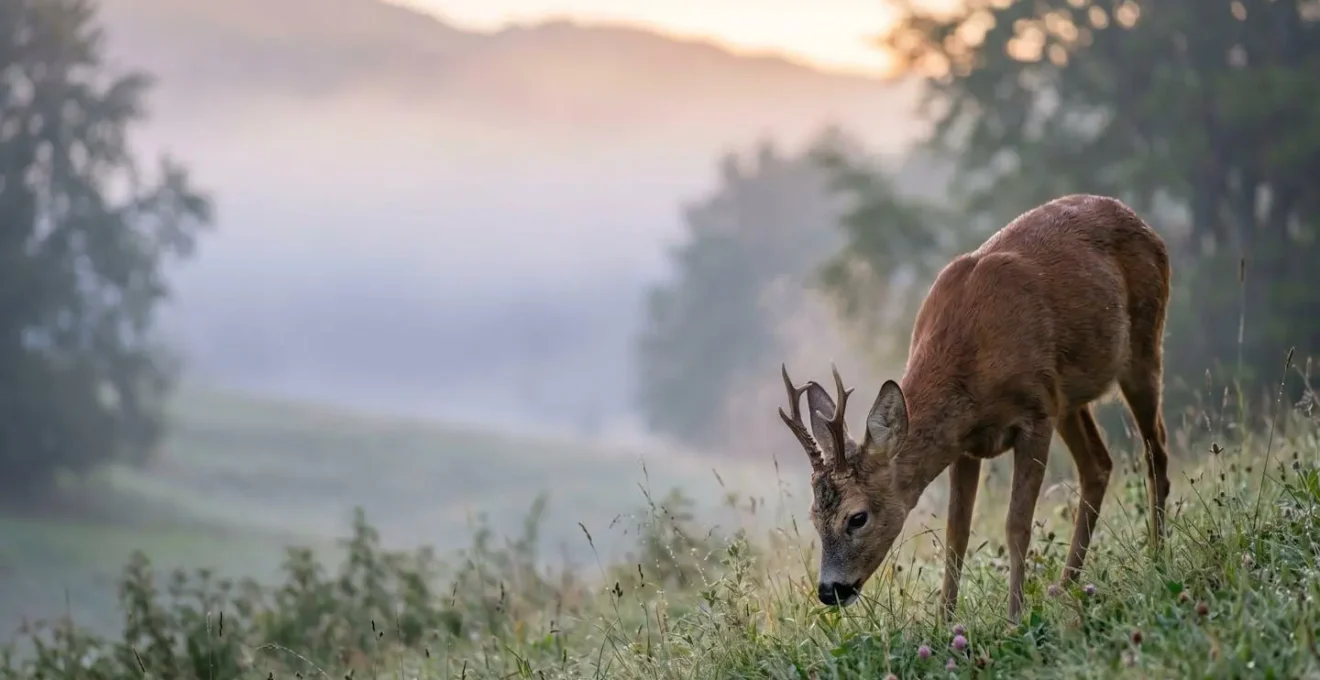 Capriolo che pascola tranquillo in una radura nebbiosa dell'Appennino all'alba, fotografato da distanza con teleobiettivo