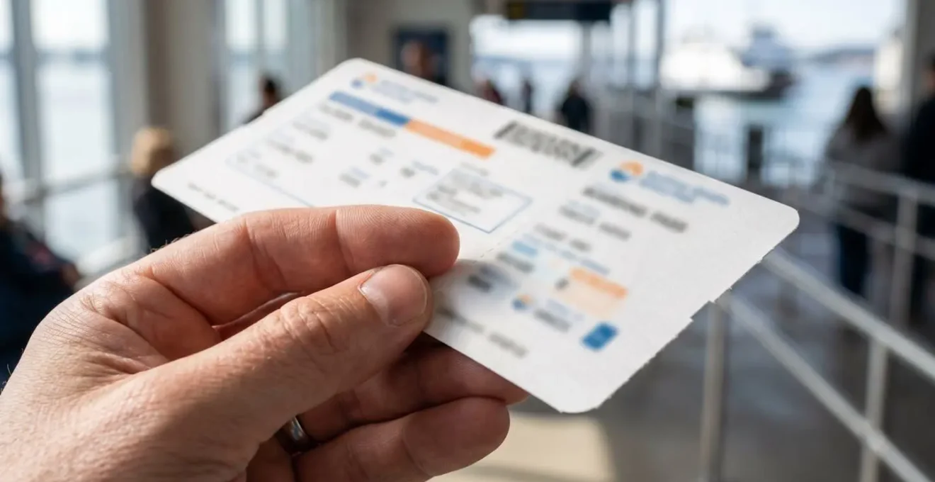 Primo piano di una mano che tiene una carta d'imbarco per traghetto, con dettagli del documento completamente sfocati e sfondo neutro
