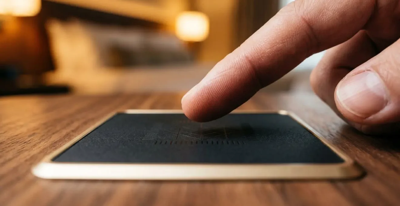 Dettaglio macro di interazione tattile con superficie di controllo ambientale intelligente in camera d'albergo