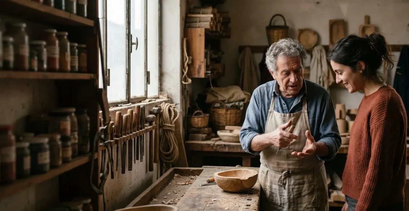 Scena di dialogo autentico tra cliente e artigiano italiano nel contesto del laboratorio tradizionale