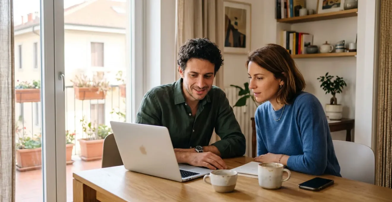 Una coppia italiana sulla trentina seduta a un tavolo moderno, vista di tre quarti, che guarda insieme lo schermo di un laptop con espressione concentrata in un ambiente domestico luminoso