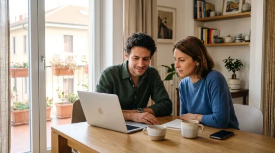 Una coppia italiana sulla trentina seduta a un tavolo moderno, vista di tre quarti, che guarda insieme lo schermo di un laptop con espressione concentrata in un ambiente domestico luminoso