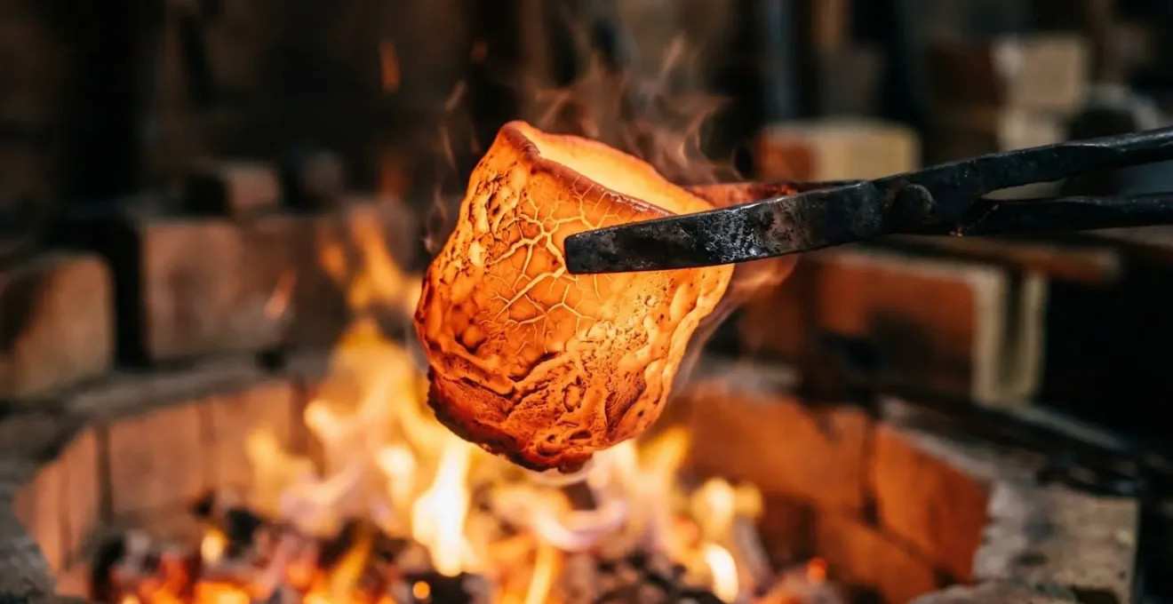 Momento della cottura raku con pezzo ceramico incandescente estratto dal forno