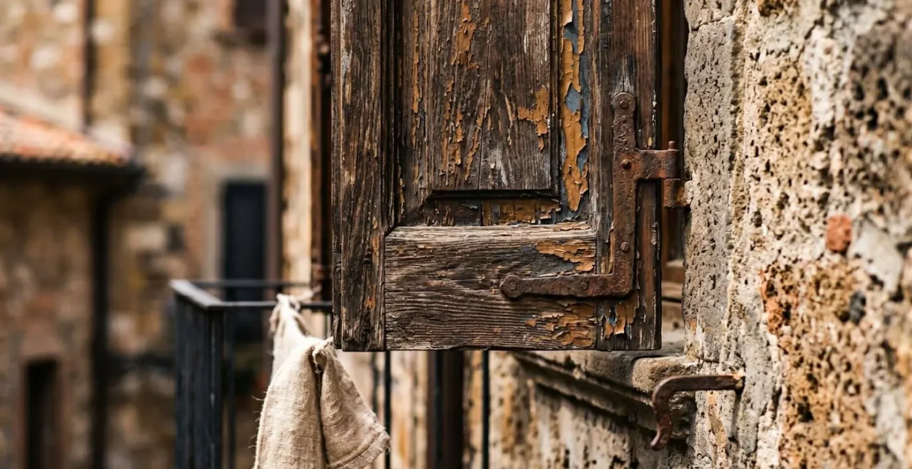 Dettagli autentici di vita quotidiana in un borgo storico italiano con segni di abitazioni vissute