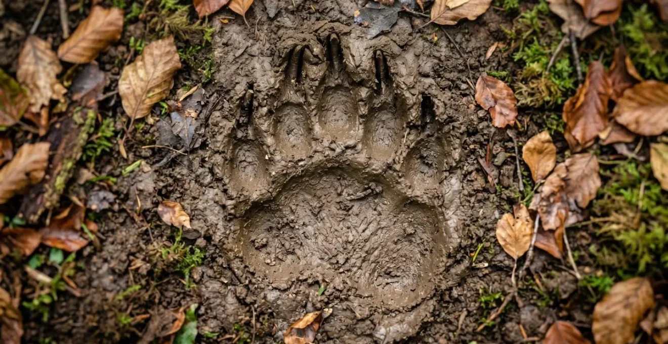 Dettaglio macro di un'impronta di orso marsicano nel fango con texture del terreno forestale